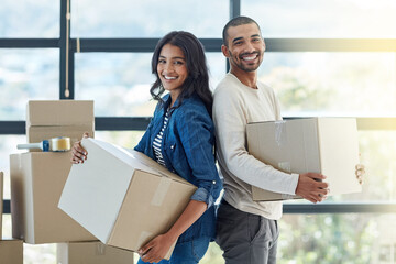 Poster - Couple, portrait and boxes to carry for new home with support, growth and happiness for dream house. Homeowner, man and woman in relationship excited for relocation, property investment and purchase