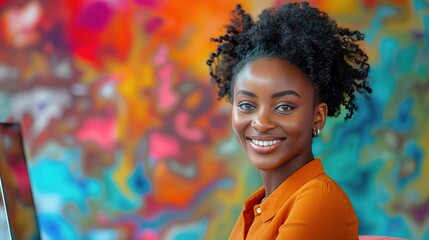 Poster - black woman sits poised with a laptop