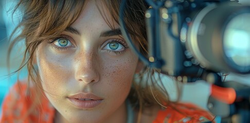 A young woman creating beauty and cosmetic tutorial video content for social media. She shows how to apply eyeshadow to an audience using a camera and light ring.