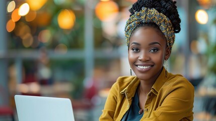 Poster - black woman sits poised with a laptop