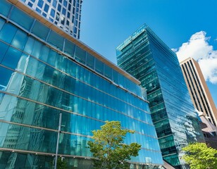 Elegant Glass Facade with Reflective Business Building in Downtown Setting