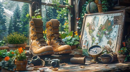 Wall Mural - The equipment from a hiking trip such as hiking boots, binoculars, a compass, and a map is displayed on a rustic wooden table situated within a landscape painting of plants and trees