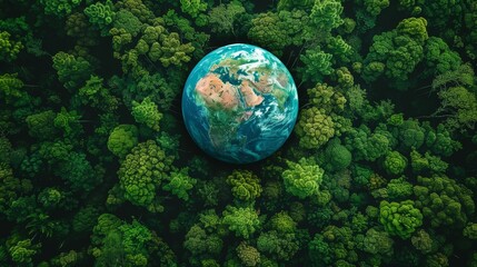 Wall Mural - World Environment Day. Aerial top view green forest with globe earth