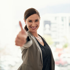 Poster - Portrait, smile or businesswoman with thumbs up for work agreement, approval or yes sign in office. Happy, okay or proud consultant with confidence, success or like hand gesture for good job or goal