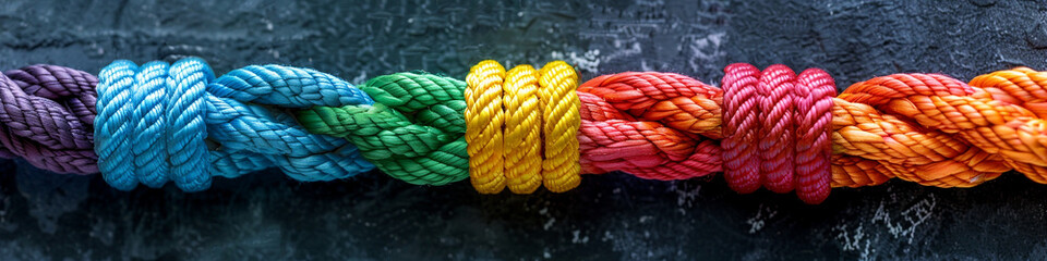 Poster - Colorful braided rope with knots on black textured background