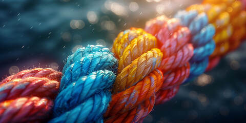 Wall Mural - Close-up of colorful braided rope with water droplets in nature