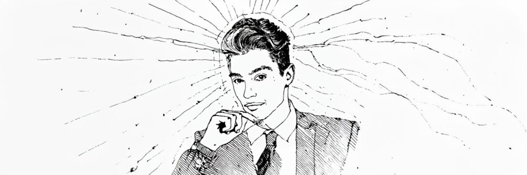 young man sun core portrait reflection ray monochrome drawing - media distribution - journalist think wearing suit