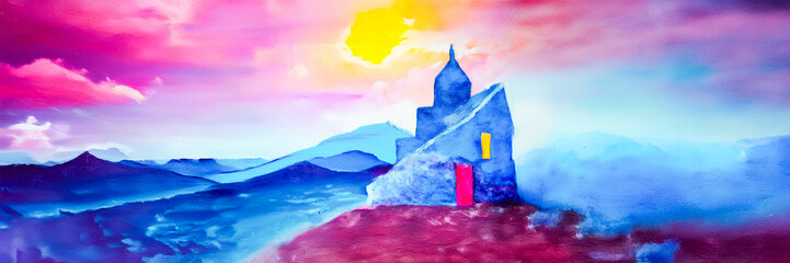 oriental architecture painting watercolor / acrylic design in nature on mountain landscape