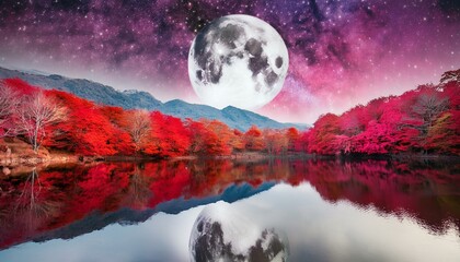 Wall Mural - trippy forest with red trees, full moon, dark purple sky, stars and lake reflecting the landscape; a fantastic place for meditation, with white background