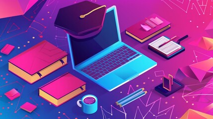 Poster - a laptop computer is placed on top of a desk next to books, showcasing an edtech education technolog