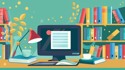 Poster - A computer monitor placed on top of a desk, part of an EdTech setup for online education and e-learning training. Generative AI