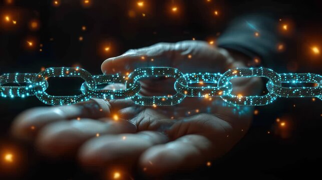 In this photo, a hand is shown gripping a chain, symbolizing the connection between technology and networking, A hand placing a block on a chain symbolizing blockchain construction, AI Generated