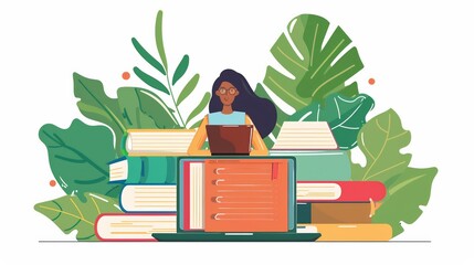 Fototapete - A woman sitting on a stack of books, engaged in educational activities related to online learning and training. Generative AI
