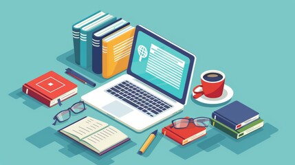 Aufkleber - A laptop computer placed on a desk alongside various books, representing the concept of EdTech education and online learning for personal and professional development. Generative AI