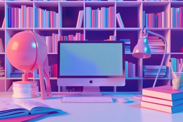 Fototapete - A desktop computer is placed on top of a desk in an office setting. Generative AI