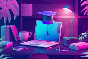 Aufkleber - A laptop and a lamp placed on a desk, symbolizing online education, training, and e-learning webinar for personal and professional development in EdTech concept. Generative AI