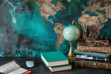 Aufkleber - A wooden table is covered with various books and a globe. Generative AI