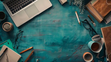 Fototapete - A laptop computer sits next to a cup of coffee on a wooden table. Generative AI