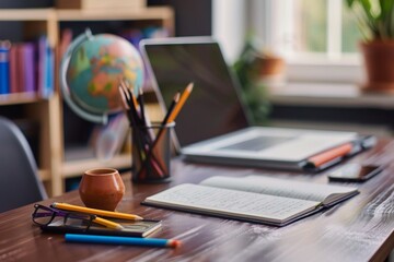 Aufkleber - A laptop computer placed on a wooden table, showcasing an EdTech concept for online education and professional qualifications. Generative AI