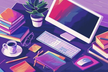 Aufkleber - A desktop computer is placed on top of a desk in an office setting. Generative AI