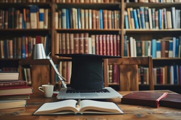 Poster - A laptop computer placed on top of a wooden table, illustrating a concept of EdTech, online education, training, and e-learning for personal and professional development. Generative AI