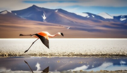 Canvas Print - Image of a Chilean flamingo in a salt flat. Some should appear in the water and others flying with white background