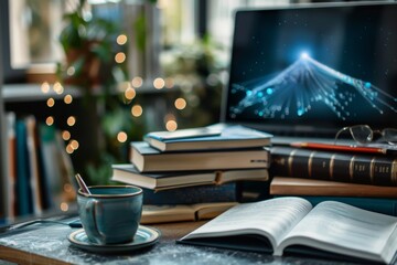 Aufkleber - A modern laptop computer placed on top of a wooden desk next to a stack of books, representing a blend of technology and traditional learning. Generative AI