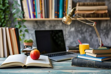 Aufkleber - An apple rests on a book next to a laptop, symbolizing an EdTech setup for online education and professional development. Generative AI