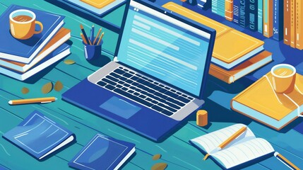 Aufkleber - A laptop computer placed on a wooden desk, showcasing a modern workspace setup for online education and professional development. Generative AI