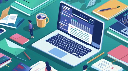 Poster - A laptop computer placed on top of a desk, showing a workspace for EdTech education, training, and online learning. Generative AI