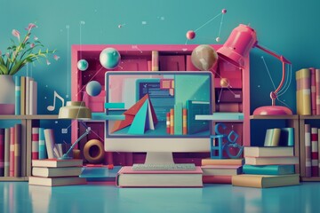Aufkleber - A computer monitor placed on top of a desk in an EdTech setting, symbolizing online education and professional development opportunities. Generative AI