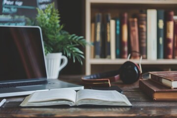 Aufkleber - A laptop computer is placed on top of a wooden desk. Generative AI