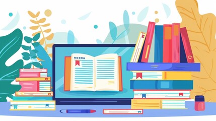 Aufkleber - A laptop computer with a book placed on its keyboard, representing a concept of online education, distance learning, and professional development. Generative AI