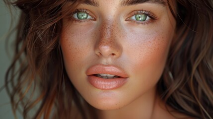 woman with dark green eyes, well-defined eyebrows, full lips, long brown hair