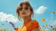 © marimalina - a woman in a orange dress in her 30s wearing sunglasses with yellow frames and dark lenses looking to the side with blue sky and wild flowers in the background.