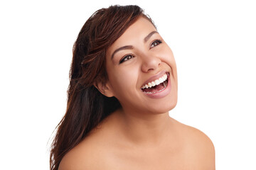 Sticker - Woman, thinking and haircare in studio for treatment, confident and cosmetics for hair texture. Female person, beauty and hairstyle on white background, ponder and contemplating haircut choice