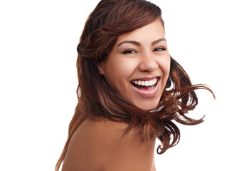 Wall Mural - Woman, portrait and laughing in studio for haircare, confident and cosmetics for hair texture. Female person, beauty and hairstyle on white background, shampoo and conditioner for transformation