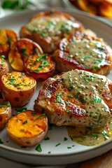 Wall Mural -  Thin Pork Chops cover with Green Pepper Cream Sauce with Oven Honey Roasted Sweet Potatoes. Served on a white ceramic plate on a white wood table. 