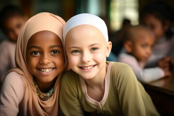 a bald 8 year old girl at the school desk. The other children look at her smiling. cancer concept 