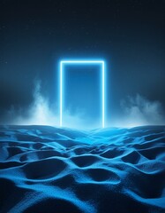 Wall Mural - AI generated illustration of rectangular blue neon portal in a desert