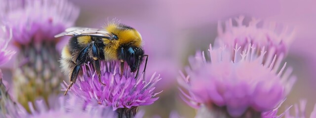 Canvas Print - Close up of small bee bumblebee on purple blooming flower plant in meadow field. macro nature banner in summer in spring of honeybee with copy space. wildlife postcard background.