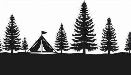 Black silhouette of mountains and fir trees camping adventure wildlife landscape panorama illustration icon  for logo, isolated on white background.