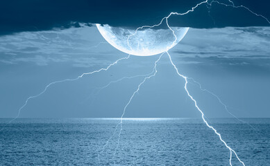 Aufkleber - Night sky with full moon and lightning in the clouds on the fore ground calm  sea wave 