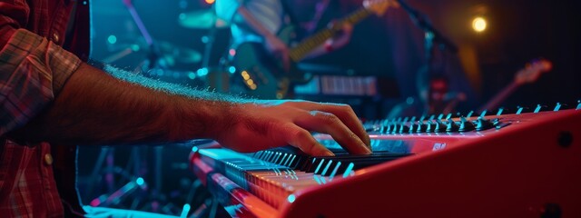 musician's skilled hand playing piano key during concert close-up. close-up of a musician playing a 