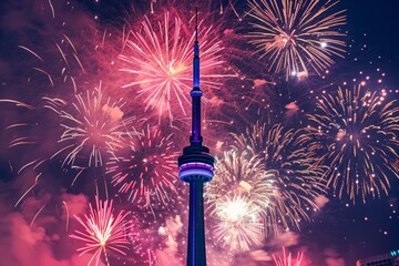 Wall Mural - CN Tower Toronto close up, fireworks, celebrating Canada Day, copy space