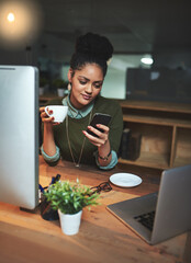 Poster - Phone, coffee and business woman in office networking on social media, mobile app or internet. Reading, cappuccino and female designer scroll on website with cellphone by laptop in workplace.