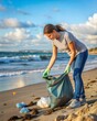 © N7 - Volunteer Cleaning Beach – 4:5: A volunteer picking up trash on a beach, emphasizing environmental conservation and cleanliness.