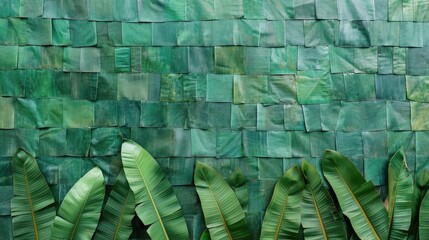 Poster - artistic arrangement of banana leaves layered on top of each other, forming a natural, green tapestry.