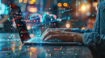 Poster - businessperson working on a laptop with digital graphs emerging from the screen, blending technology and finance in a seamless overlay.