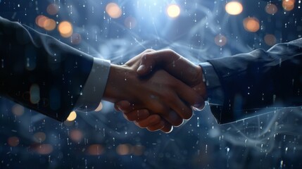 Two business people shaking hands in a dramatic, misty environment, symbolizing partnership and collaboration. Concept of agreement, business, and teamwork.
